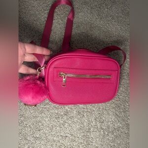 Vibrant Pink Crossbody Bag with Pom Pom